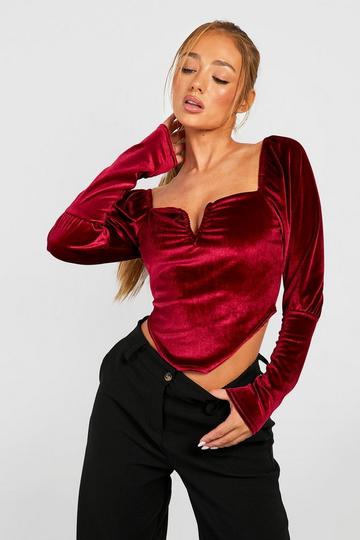 Velvet Puff Sleeve Plunge Top dark red