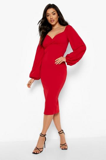 Red Puff Sleeve Midi Dress