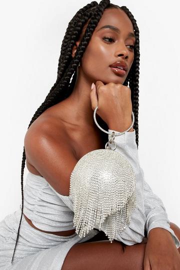Silver Diamante Tassel Sphere Clutch