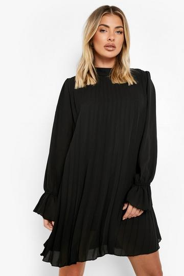 Black Chiffon Pleated High Neck Skater Dress