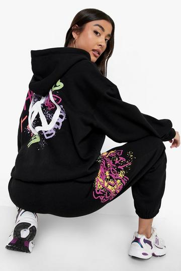 Black Multi Graffiti Hooded Oversized Tracksuit