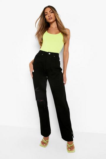 Black Distressed Split Hem Straight Leg Jeans