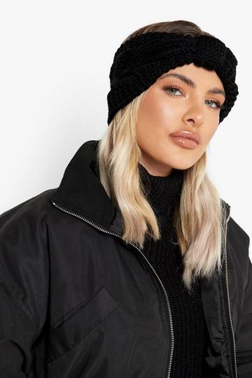 Black Chunky Cable Knit Knot Front Headband