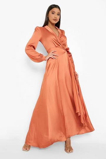 Rust Orange Satin Wrap Belted Maxi Dress