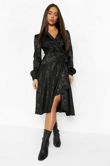 Black Satin Jacquard Wrap Midi Skater Dress