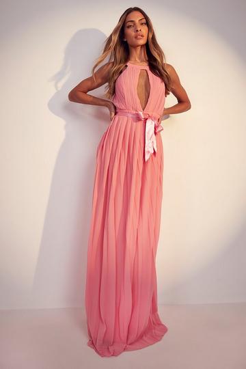 Pink Pleated Belted Maxi Dress