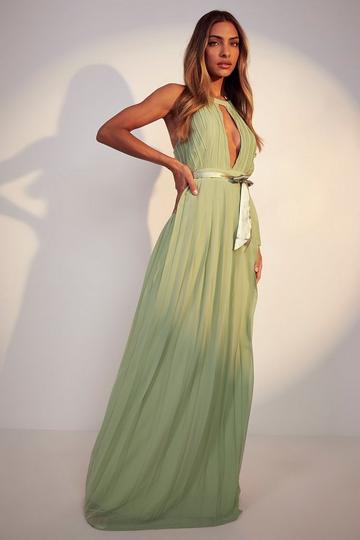 Sage Green Pleated Belted Maxi Dress