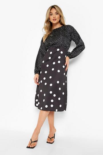 Black Satin Volume Sleeve Polka Dot Midi Dress