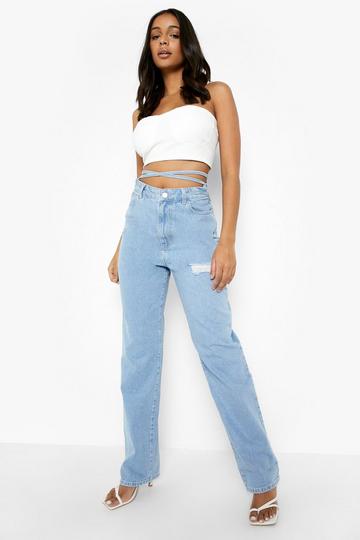 Light Brown Distressed Tie Back Straight Leg Jeans