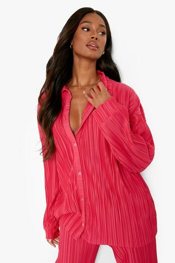 Plisse Oversized Relaxed Fit Shirt hot pink