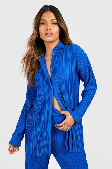 Plisse Oversized Relaxed Fit Shirt cobalt