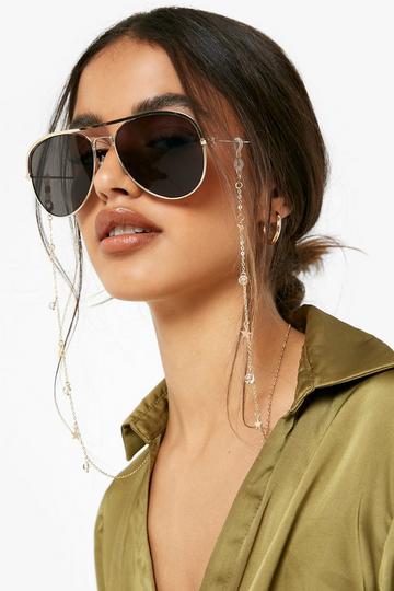 Gold Metallic Crystal Embellished Sunglasses Chain