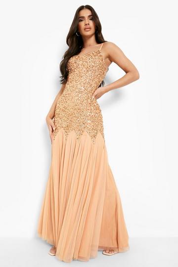 Gold Metallic Bridesmaid Hand Embellished Godet Mesh Maxi