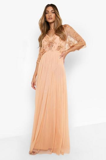 Gold Metallic Bridesmaid Hand Embellished Kimono Mesh Maxi