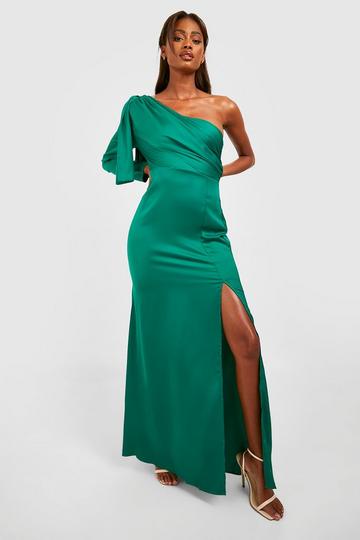 Satin One Shoulder Drape Detail Maxi Dress emerald