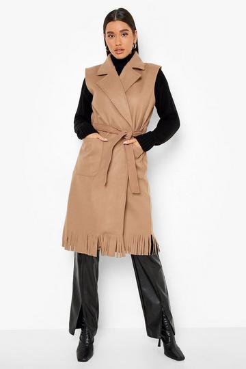 Sleeveless Tassel Wool Look Coat camel
