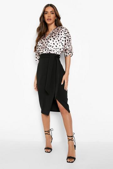 Black Dalmatian Print Satin Wrap Midi Dress