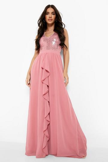 Pink Sequin Ruffle Plunge Maxi Dress