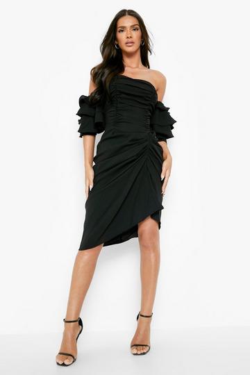 Black Ruched Bardot Draped Midi Dress