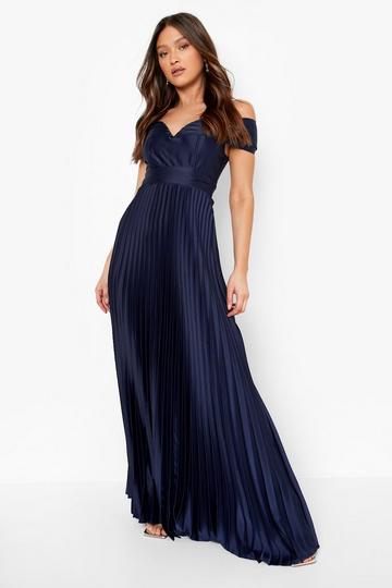 Navy Pleated Bardot Satin Maxi Dress
