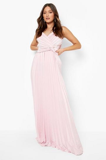 Pink Pleated Satin Twist Detail Maxi Dress