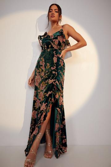 Floral Strappy Frill Detail Maxi Dress emerald