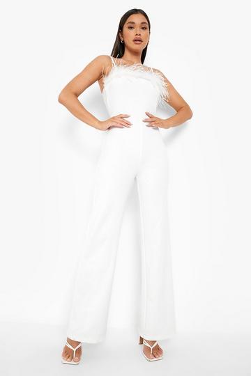 Feather Strappy Wide Leg Jumpsuit white