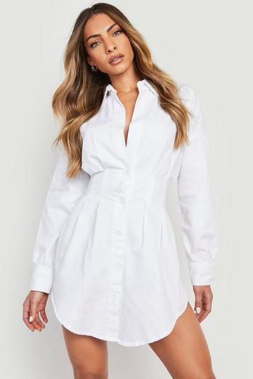 White Shaped Waist Denim Shirt Dress