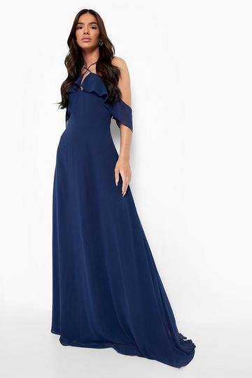 Navy Halterneck Ruffle Maxi Dress