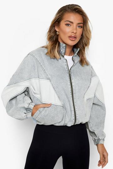 Light Brown Acid Wash Panelled Zip Up Denim Bomber