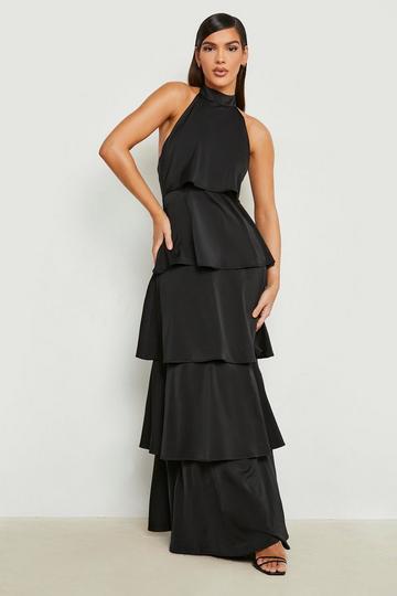 Satin Halterneck Tiered Maxi Dress black