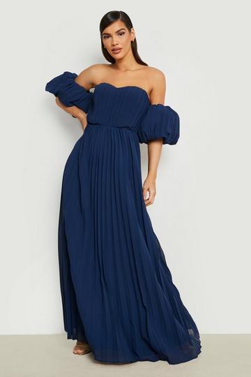 Navy Pleated Bardot Puff Sleeve Maxi Dress