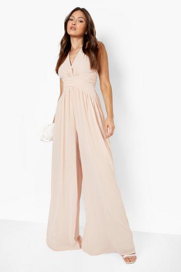 Blush Pink Pleated Plunge Cross Back Jumpsuit