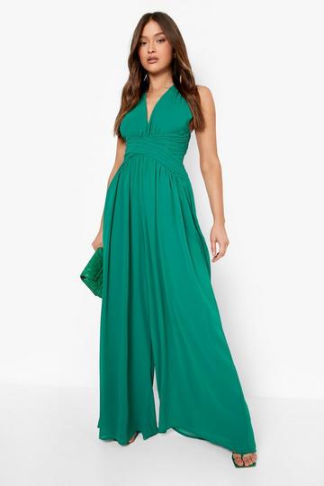 Green Pleated Plunge Cross Back Jumpsuit