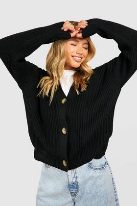 boohoo Chunky Knit Cropped Cardigan - Black - Size M