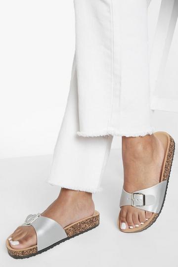 Silver Wide Fit Metallic Buckle Footbed Slider