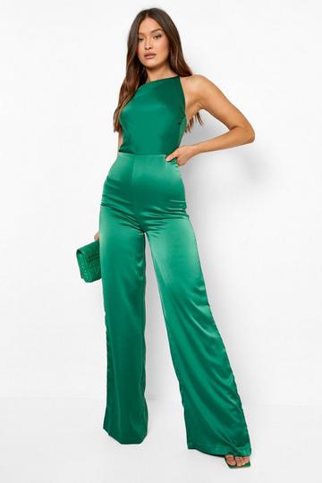 Satin Strappy Asymmetric Wide Leg Jumpsuit emerald