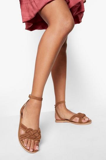 Tan Brown Wide Fit Knot Detail Leather Sandal