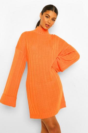 Orange Maxi Wide Sleeve Wide Rib Sweater Dress