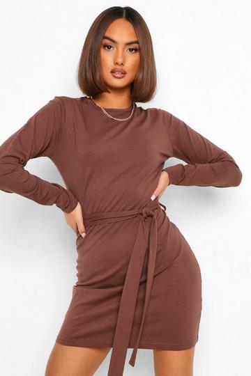 Brown Long Sleeve Belted Mini Dress