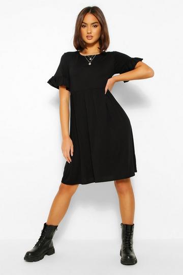 Black Basic Frill Sleeve Smock Dress