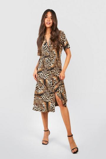 Multi Tiger And Leopard Mix Shirt Style Midi Dress
