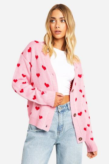 Pink Heart Print Cropped Cardigan