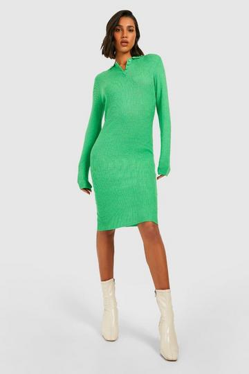 Green Polo Collar Rib Knit Midi Dress