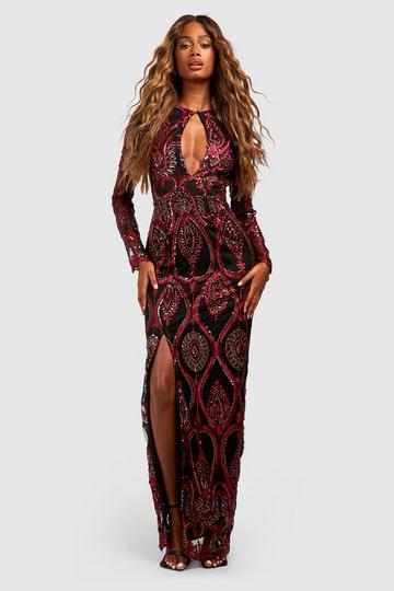 Sequin Damask Plunge Maxi Party Dress berry