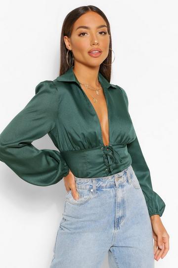 Woven Lace Up Corset Top emerald