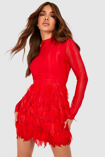 High Neck Feather Skirt Mini Party Dress red