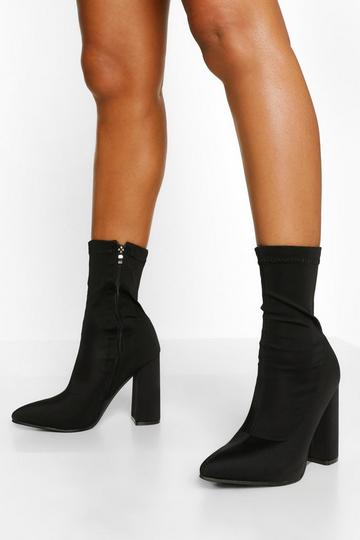 Black Block Heel Pointed Toe Sock Boots