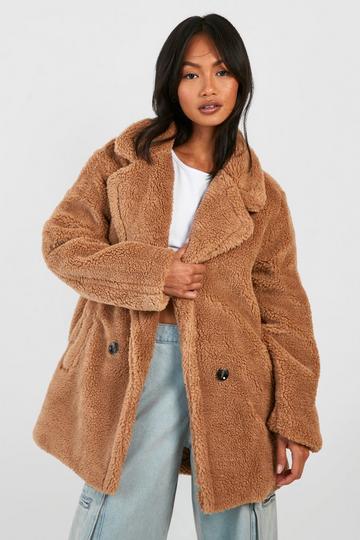 Double Breasted Faux Teddy Fur Coat camel