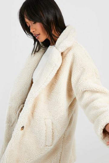 Cream White Button Through Teddy Faux Fur Coat